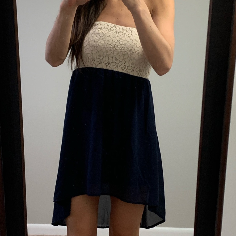 Strapless lace and blue tiered dress K